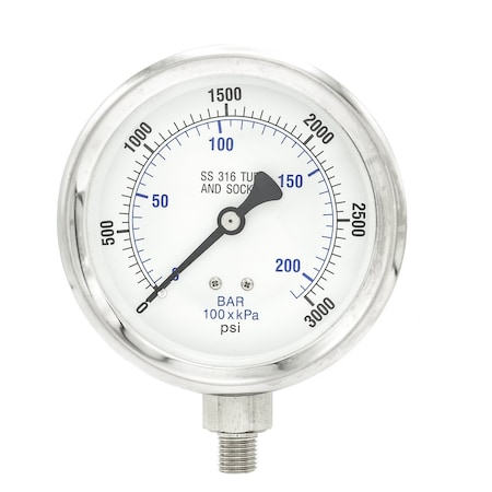 Pro 4 in Dial, 0/3000 PSI & Bar, 1/4 in NPT, Lower Mount Dry/Fillable Pressure Gauge PRO-301D-404P-01